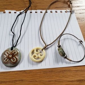 Lot of 2 necklaces and a bracelet; rustic.